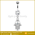 CZ Gems Hamsa Hand Dangle Belly Button Ring / Surgical Steel Navel Ring